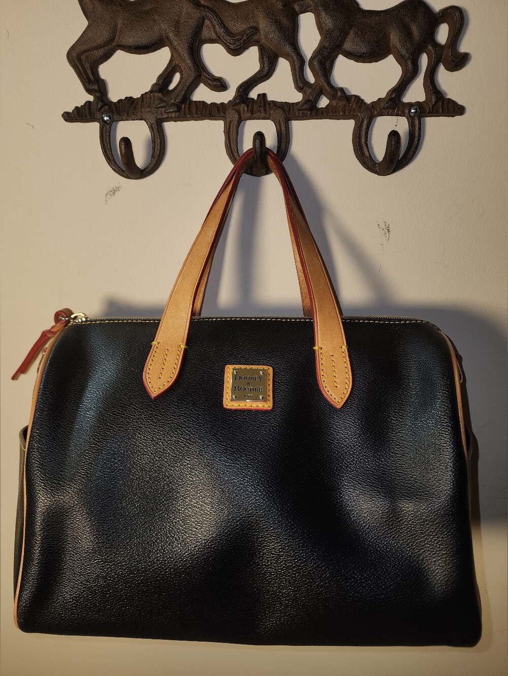 Dooney & Bourke Black Pebbled Leather Olivia Satchel Tan Handles - Picture 1 of 11